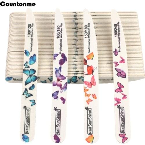 10Pcs/Lot Thick Wooden Nail Files 100/180 Butterfly Printed Sandpaper Wood Sanding Buffer Files Washable Manicure Beauty Tools