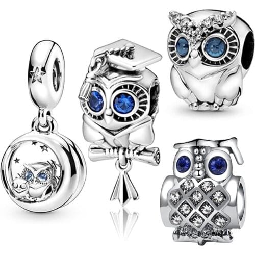 Blue CZ Eyes Owl Pendant Fit Original Pandora Charms Bracelet Women Cute Cartoon Animal Bird Beads for Jewelry Making DIY Bangle