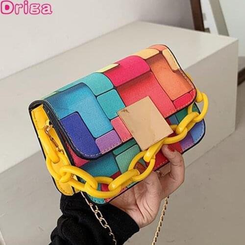 Driga Women Fashion Shoulder Bags Chain Portable Messenger Handbags Rainbow Color Mini Square Bags 2021 New Pu Leather Chain Bag