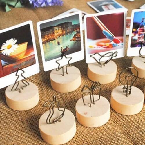 Place Card Holder Photo Clip Memo Note Articles Clamp Picture Frame Table Number Stand Round Wooden Photo Pendant Clip