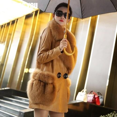 100% Real Sheepskin Coat Female Natural Fox Fur Collar Down Jackets 2020 Winter Women Genuine Leather Jacket MY