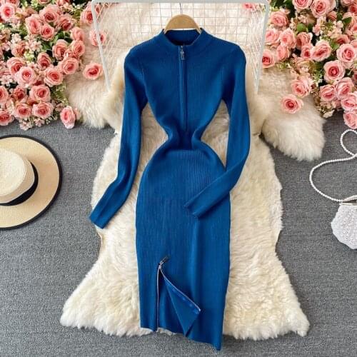 Long Sleeve Bodycon Knitted Maxi Dress Zipper Stand Collar A Line Black Vestidos De Mujer Sexy Vestido Ribbed Pullover Clothing