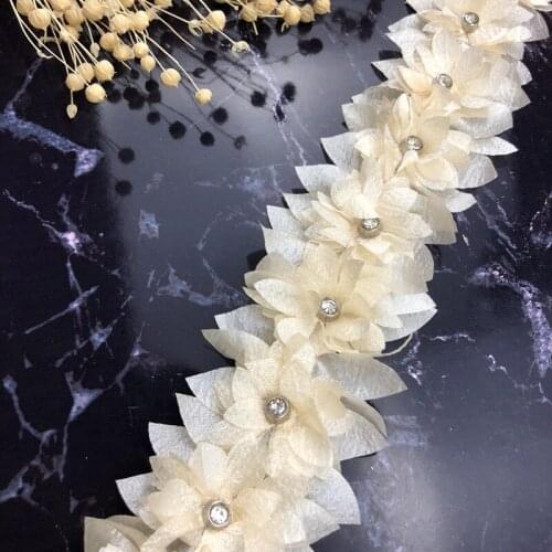 1 yard Apricot 3D Flower Pearl Diamond Lace Trim Applique Trimming Lace Ribbon Patches Embroidered Fabric Sewing Craft Handmade Wedding Decoration