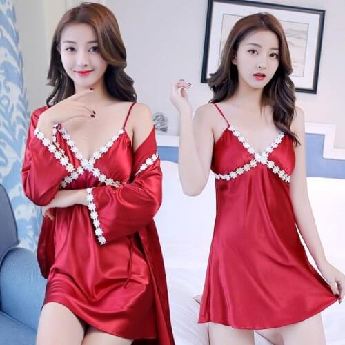 2PCS/SET New Spring Autumn Sexy Silk Sleepshirts Women Summer Applique Sleep Luxury Soft Sleepwear Two Piece Nightwear