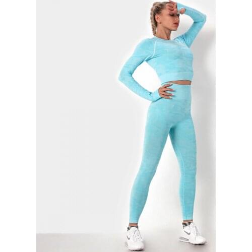 2Pcs Yoga SetSeamless Gym Sports Suit Women Seamless Leggings Push Up Crop Top Women Long Sleeve Top Workout Clothes Sportswear