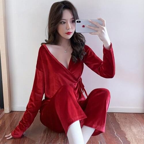 2020 Autumn Winter Long Sleeve Gold Velvet Kimono Pajama Sets for Women Sleepwear Suit Pyjama Homewear Pijama Mujer Home Clothes