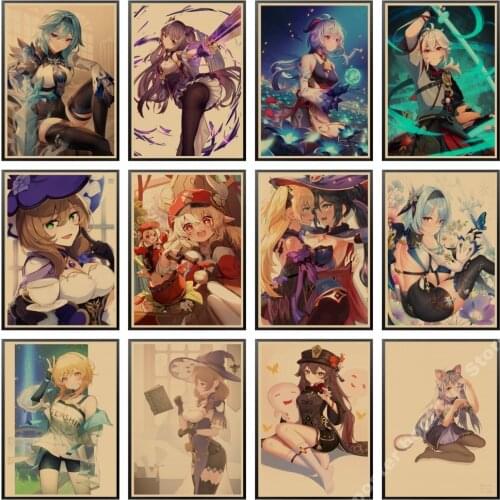 Genshin Impact Anime Posters Kraft Paper Prints Home Room Decor Study Bedroom Bar Cafe Wall Paintings Cartoon Wall Stickers