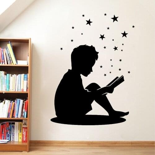 Library Study Vinyl Wall Decal for Kids Room Decor Little Boy Reading a Book Home Interior Wall Stickers Boys Bedroom Mural 3198