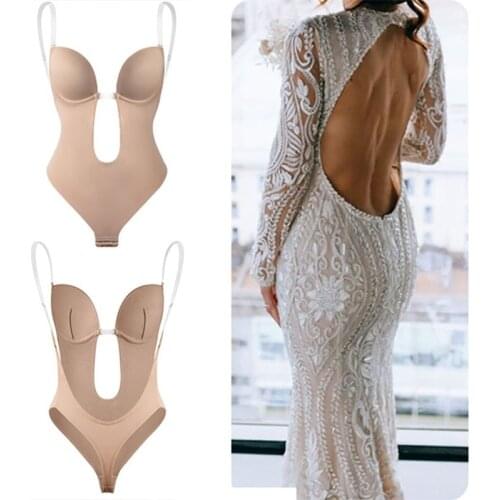 Bodysuit Shapewear Deep V-Neck Body Shaper Backless U Plunge Thong Shapers Waist Trainer Women Clear Strap Padded Push Up Corset