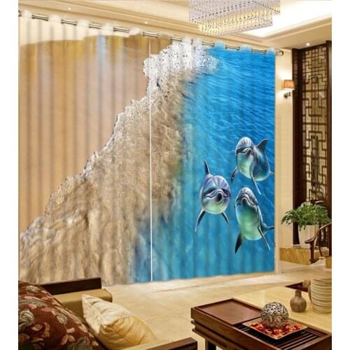 European Curtains Photo Painted 3D Curtain Living room beach dolphin 3d curtains