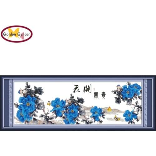 GG Fortune Comes with Blooming Blue Peony Chinese Flowers Needlework Cross Stitch Kit for Embroidery Home Decor Cross-stitch Set