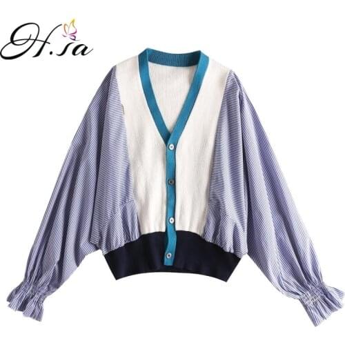 HSA2021 Women Sweaters V Neck Knitted Pull Jumpers Shirt Patchwork Fall Fashion Korean Button Up Pink Striped Fall Jersey Mujer