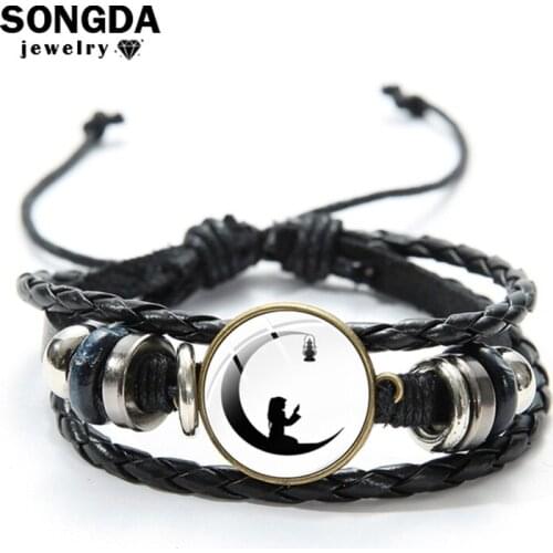 SONGDA Fashion Muslim Eid Mubarak Leather Bracelet Ramadan Art Pattern Glass Cabochon Adjustable Charm Bracelets for Women Men