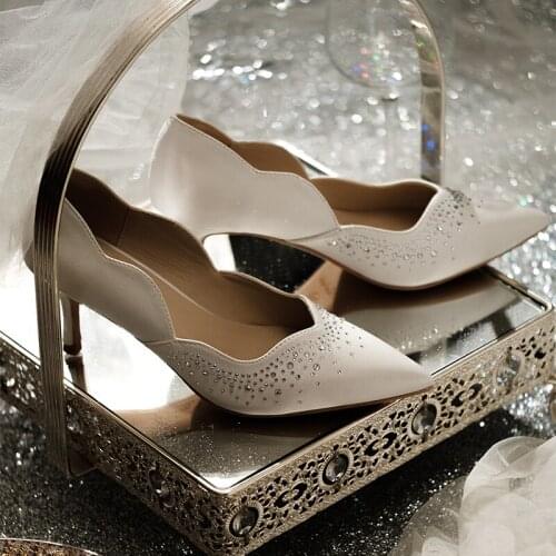 Spring new silk surface rhinestone pointed stiletto high heel bridal wedding shoes banquet dress all-match womens shoes