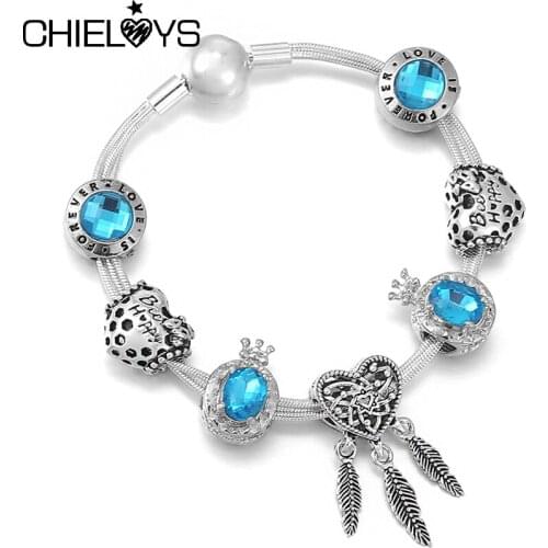 Silver Plated Feather Crystal Crown Pendant Charm Bracelet With Multi-layer Chain Bracelets For Women Wife Romantic Jewelry Gift