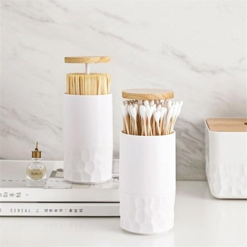 Plastic Simple Toothpick Box Automatic Pressing Cotton Swab Holder Portable Living Room Toothpick Container with Wood Cover