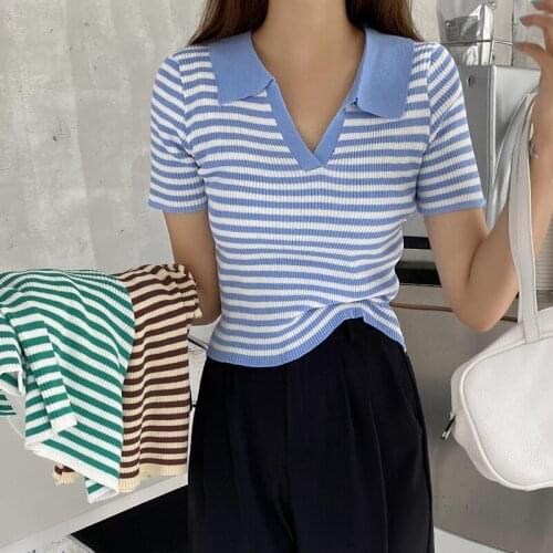 LJSXLS Summer Short Sleeve Striped Pullover Women Sweater 2021 Knitted Sweater Slim Polo Collar Top Korean Elasticity Pull Femme
