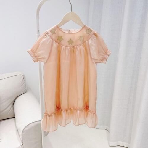 Pre-sale 4.23 Girls orange pink dress sweet and exquisite golden star princess dress comfortable mesh dress