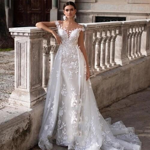 Luxury Mermaid Wedding Dresses Sleeveless Backless Detachable Train 2 In 1 Lace Applique Bridal Wedding gowns Tailor-made
