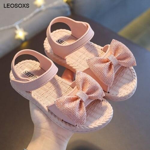 Girls' Sandals Summer New Korean Childrens Leisure Flat Soft Bottom Princess Shoes Versatile With Bow Velcro Beach Shoes