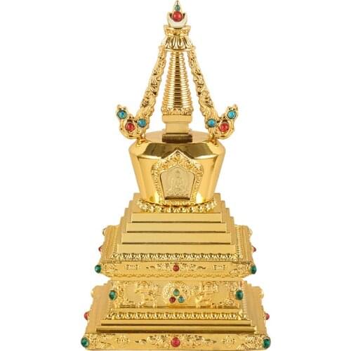 Tibetan Buddhism Supplies Tantric Practice Instruments Two-Color Gold Gilt Inlaid With Colored Beads Bodhi Pagoda 7 Inch