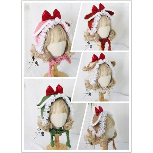 2021Japanese Mori Girl Female Cute Lace Trim Warm Knitted Hat Lolita Korean Kawaii Princess Rabbit Ear Bowknot Earmuffs Wool Cap
