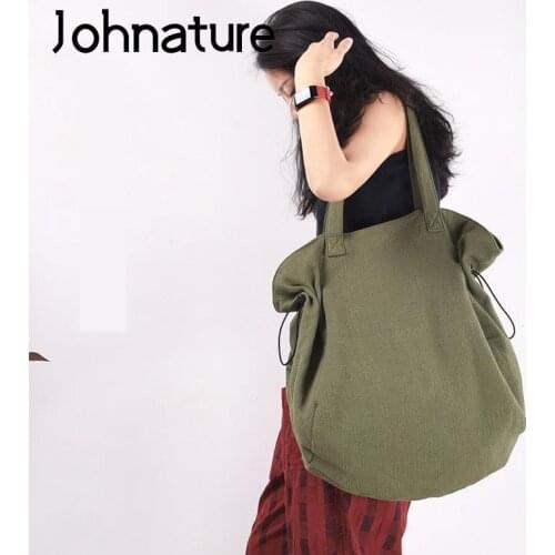 Johnature Simple Cotton Linen Women Shoulder Bags Large Capacity Shopping Bag Versatile Solid Color Original Casual Tote