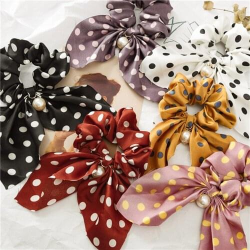 2021 Women Chiffon Bowknot Silk Hair Scrunchies Pearl Ponytail Holder Hair Tie Hair Rope Rubber Bands Headwear Hair Accessories