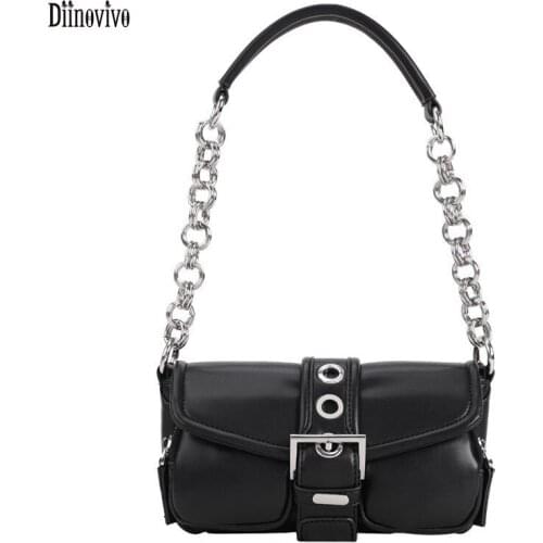 DIINOVIVO Trend Female Baguette Bag Vintage Round Ring Women Shoulder Bags Chain Design Underarm Bag Ladies Solid Color WHDV1892