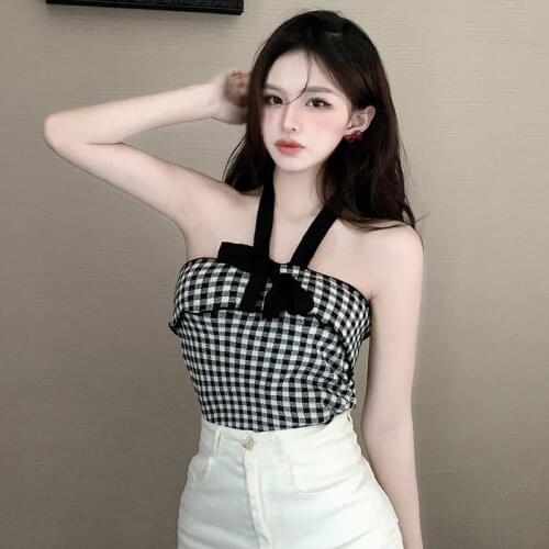 Women Camisoles Top Tie Up Cute Corset Summer Casual Crop Tops Fashion Slim Chic Tee Plaid Halter Bow Sweet Backless