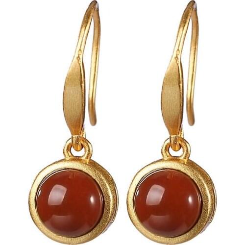 S925 sterling silver gold plated Southern red agate Eardrops Retro Simple Temperament Ladies Ear hook Earrings