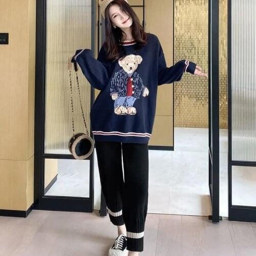 Ladies Two-piece Autumn and Winter Plus Velvet Suit Korean Cute Printed Sweater + Two-piece Casual Pants