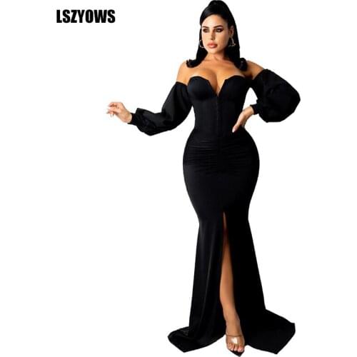 Women Black Maxi Dress Elegant Sexy Off Shoulder V Neck High Split Bodycon Dress Long Sleeve Evening Party Dresses Vestidos Robe