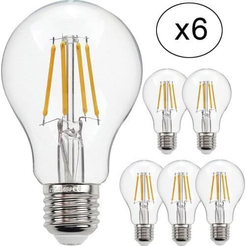 TIANFAN 6-Pack Led Bulbs Edison Bulb A60 4W 6W 8W 220/240V E27 Led Filament Light Bulb 2700K Warm White