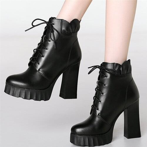 Lace Up Goth Ankle Boots Women Genuine Leather High Heel Motorcycle Boots Female High Top Round Toe Chunky Platform Pumps Shoes