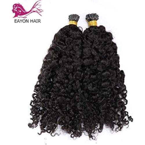 EAYON Brazilian Remy I Tip Fusion Hair Sassy Curly Keratin I Tip Hair Extensions Pre Bonded Black Brown Color 0.1g/Strand 8-28"