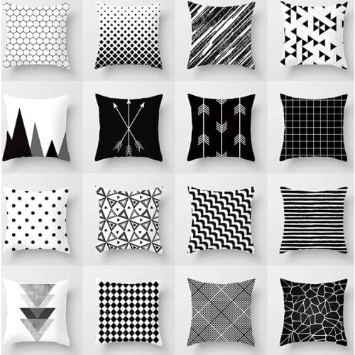 Geometric Cushion Cover Black and White Polyester Throw Pillow Case Striped Dotted Grid Triangular Geometric Art Cushion Cover