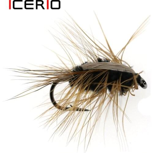 ICERIO 8PCS Black Body Woolly Worm Brown Caddis Nymph Fly Deer Hair Beetle Trout Fly Fishing fly Bait #6