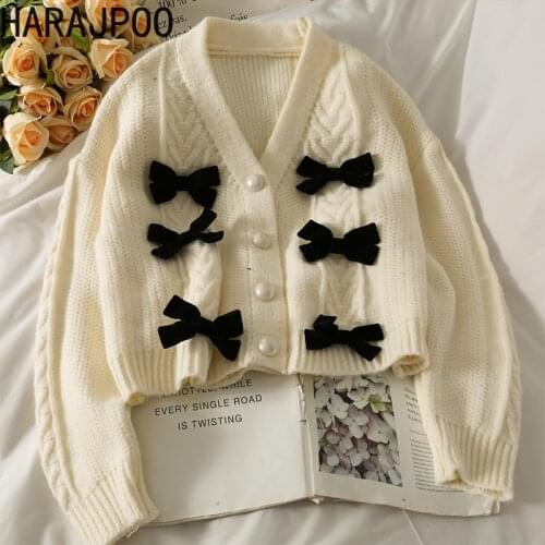 Harajpoo Cardigan Women Niche Bowknot Linen Pattern 2021 Fall New Long Sleeve Single Breasted Knitted Jacket White Casual Tops