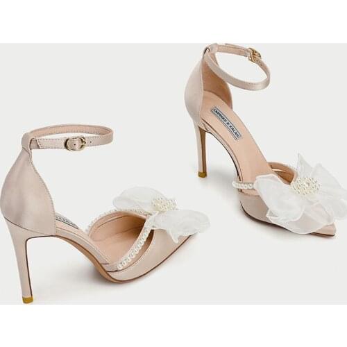 Summer new style pointed stiletto high-heeled large size small size satin bow wedding shoes low-heeled party dress female sandal