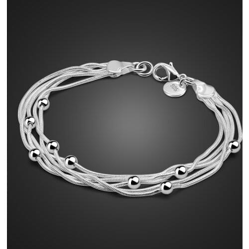 Fashion 100% 925 Sterling Silver Jewelry For Women High Quality Simple bead Bracelet Multilayer Snake Chain Hand Catenary