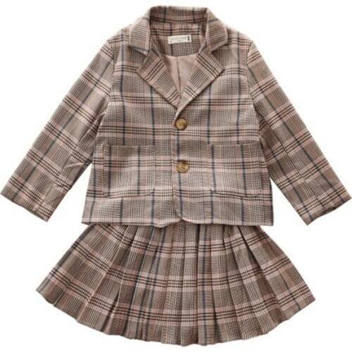 Fashion Korean Girls Clothing Sets 2019 Autumn Kids Plaid Blazer Coats+Pleated Skirts 2pc Party Suit 2-7Yrs Toddler Clothes