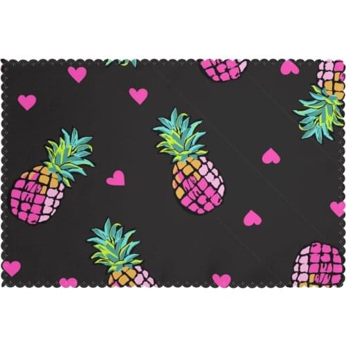 Set of 6 Pink Hearts And Pineapples Placemats for Dining Table Place Mat in Kitchen Accessories Cup Wine Mat