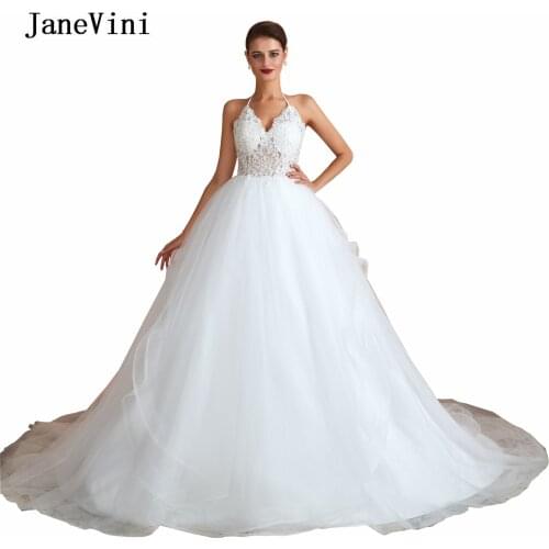 JaneVini New Luxury Beading Ball Gown Princess Wedding Dress Plus Size 2019 Sexy Halter Beach Bridal Dresses Appliques Backless