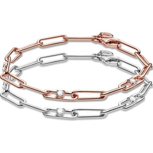 Original Rose & Silver Link Chain & Stones Bracelet Fit 925 Sterling Silver Bead Charm Bangle Diy Pandora Jewelry