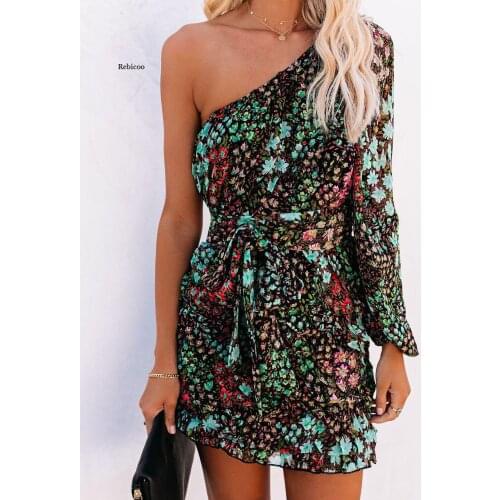 Sexy ruffle daisy print short bodycon dress Autumn party leopard shirred women dress Off shoulder casual daily dress