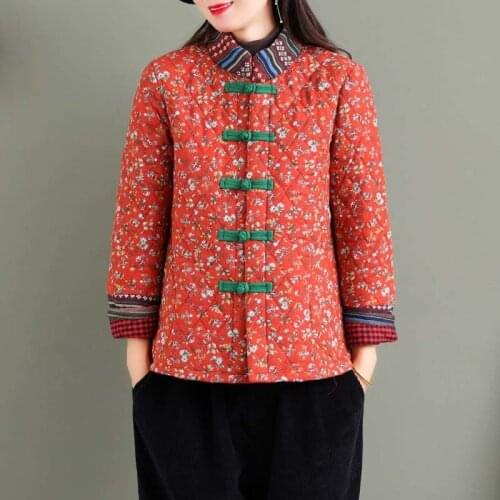Traditional Chinese Style Clothes for Women Vintage Button Cotton Coat 2021 Winter New Ladies Slim Fit Jacket Tops Hanfu Female