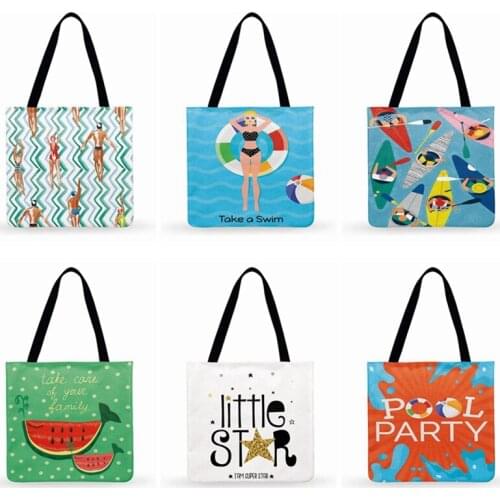 Pool Party Fresh Summer Art Printed Bag Women Casual Tote Ladies Shoulder Bag Foldable Shopping Bag Outdoor Beach Tote
