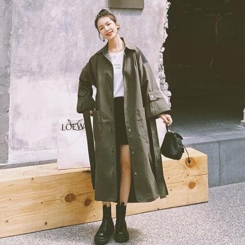 Tooling Windbreaker Women Spring Autumn Casual Loose Temperament Over Knee Ladies Jacket Fashion Mid-Length Female Trench Coat