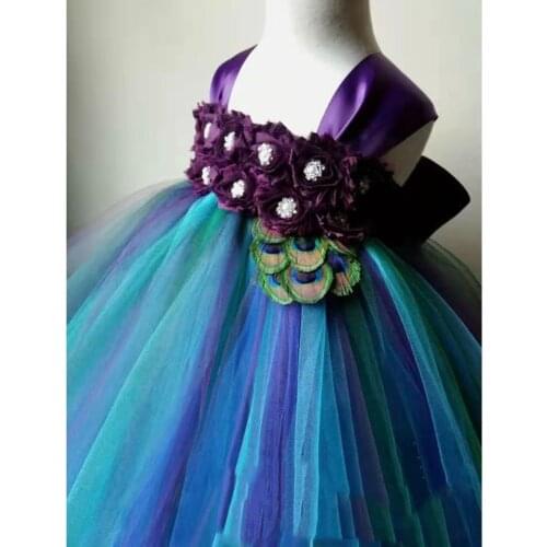 Vintage Peacock Flower Girl Dress Purple Flower Girl Dress Eggplant for Wedding Party Peacock Feather Baby Girl Tutu Dresses